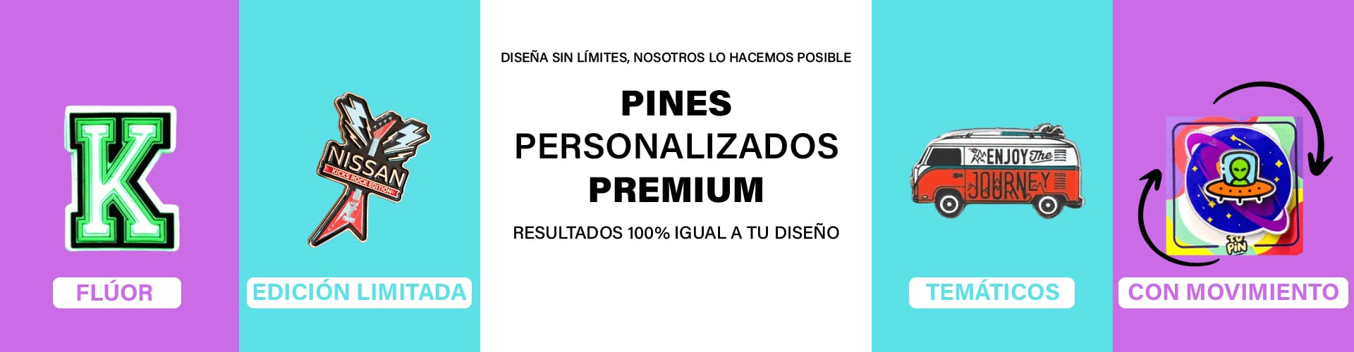 Cotiza pines o piochas personalizados premium en formatos especiales: flúor, edición limitada, temáticos y con movimiento. Diseños 100% idénticos a tu idea original.